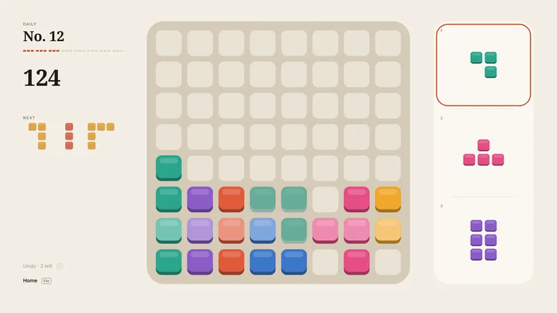 Kachi: a daily puzzle mid-game, a piece aimed to clear a row.
